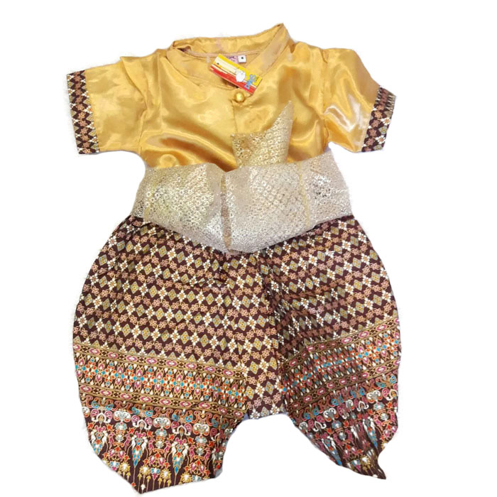 ชุดไทยเด็กชายแขนสั้น โจงกระเบน ผ้ามัน พร้อมผ้าคาดเอว Size 2-14