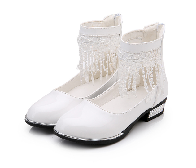 รองเท้าคัชชูเด็กหญิงสีขาว ตกแต่งลูกไม้รัดข้อเท้า หรูหรา