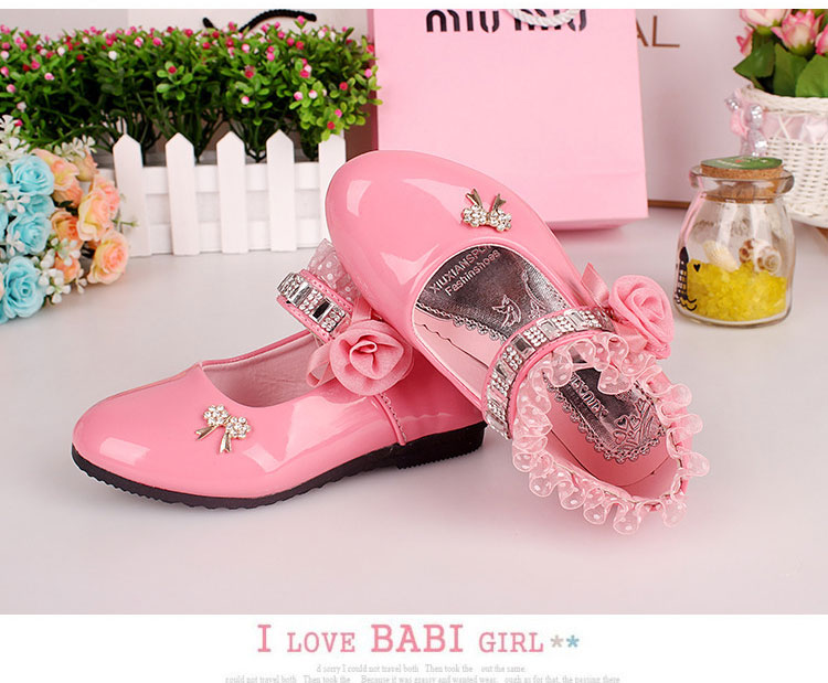 รองเท้าคัชชูเด็กหญิง หนังแก้วสีชมพู สายเพชร สวยหรู Size 21-37