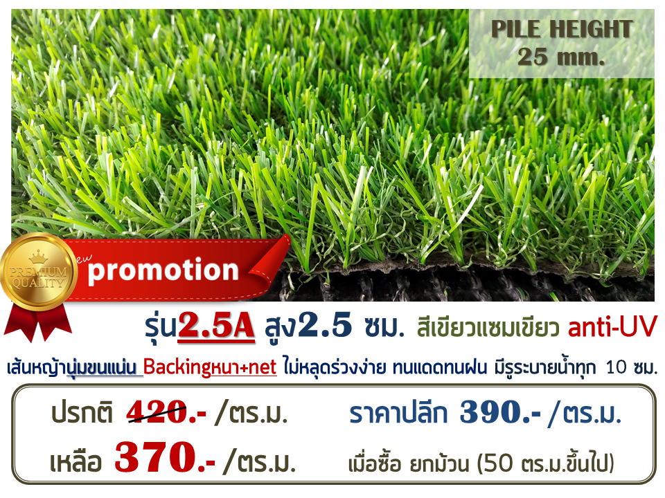 หญ้าเทียม รุ่น 2.5A สูง 2.5 ซม. สีเขียว-เขียว
