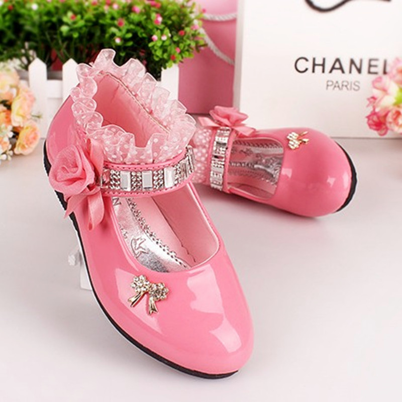 รองเท้าคัชชูเด็กหญิง หนังแก้วสีชมพู สายเพชร สวยหรู Size 21-37