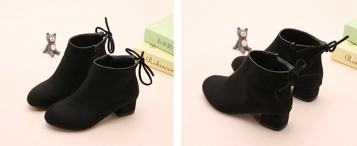 รองเท้าบู๊ทสั้น สีดำ หนังกำมะหยี่ ประดับโบว์ด้านหลัง Size 34-39