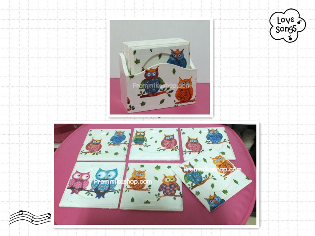 ชุดจานรองเเก้ว เดคูพาจ ลายนกฮูก น่ารัก