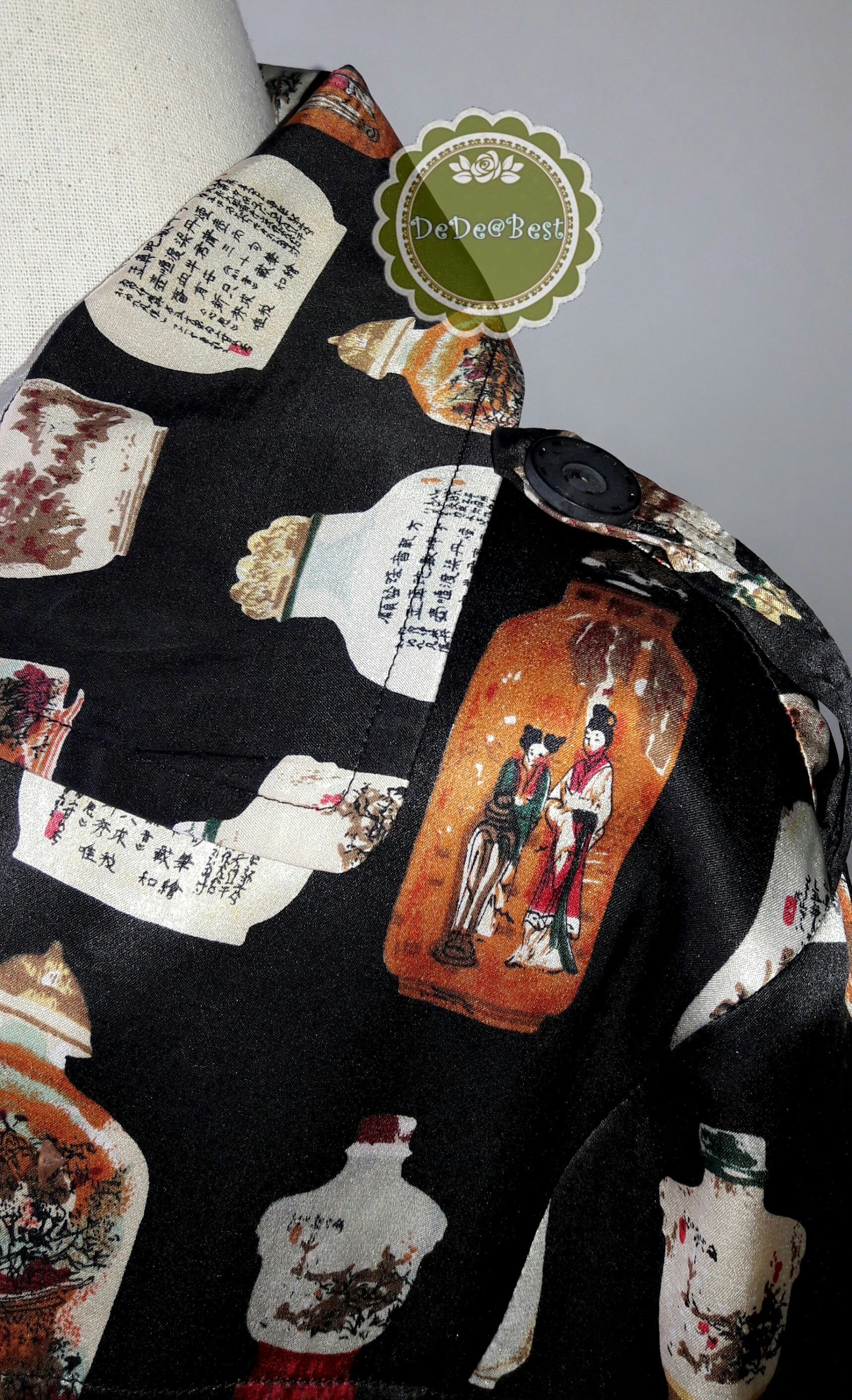 D52:Vintage dress เดรสวินเทจสีดำลายขวดจีนโบราณ(ซับในทั้งตัวและมีเข็มขัด)