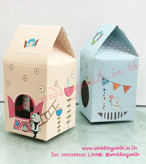 กล่องกระดาษใส่แก้วเป็ก ทรงบ้าน ชมพู-ฟ้า ลายการ์ตูน ขนาดเล็ก เริ่มต้นใบละ 5.-