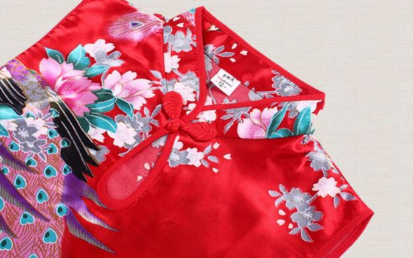 ชุดกี่เพ้าเด็กหญิงสีแดง พิมพ์ลายนกและดอกไม้สวยงาม Size 2-12