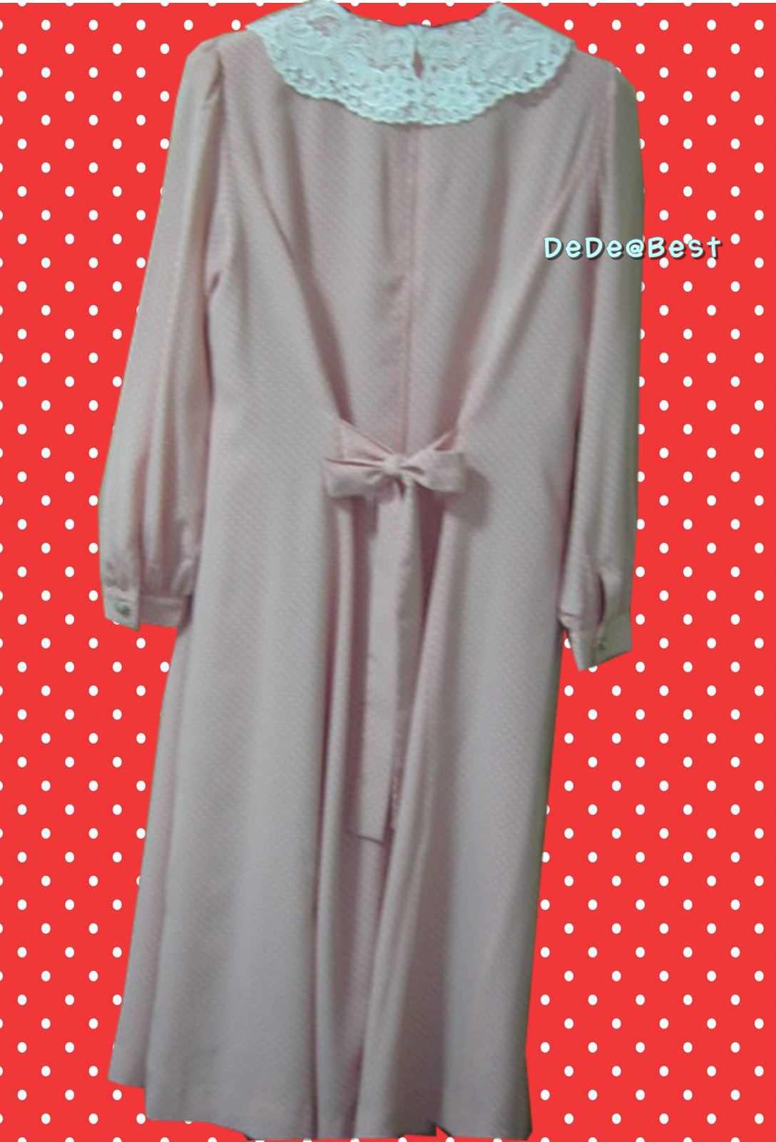 ขายแล้วค่ะ D32:Vintage dress เดรสวินเทจสีชมพูลายจุดขาว ปกลูกไม้สวยหวาน❤