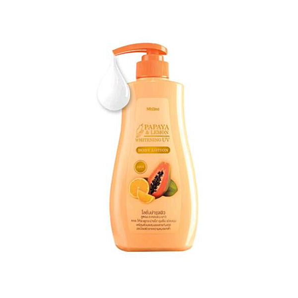 Mistine Papaya & Lemon Whitening UV Body Lotion โลชั่น มิสทีน ปาปาย่า แอนด์ เลม่อน ไวท์เทนนิ่ง ยูวี บอดี้ โลชั่น โลชั่นบำรุงผิวกาย สูตรผสานคุณค่าจาก Australia papaya สารสกัดมะละกอจากประเทศออสเตรเลีย อุดมไปด้วยเอ็นไซม์ปาเปน ช่วยให้ผิวดูอ่อนเยาว์