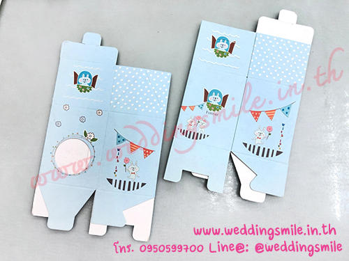 กล่องกระดาษใส่แก้วเป็ก ทรงบ้าน ชมพู-ฟ้า ลายการ์ตูน ขนาดเล็ก เริ่มต้นใบละ 5.-