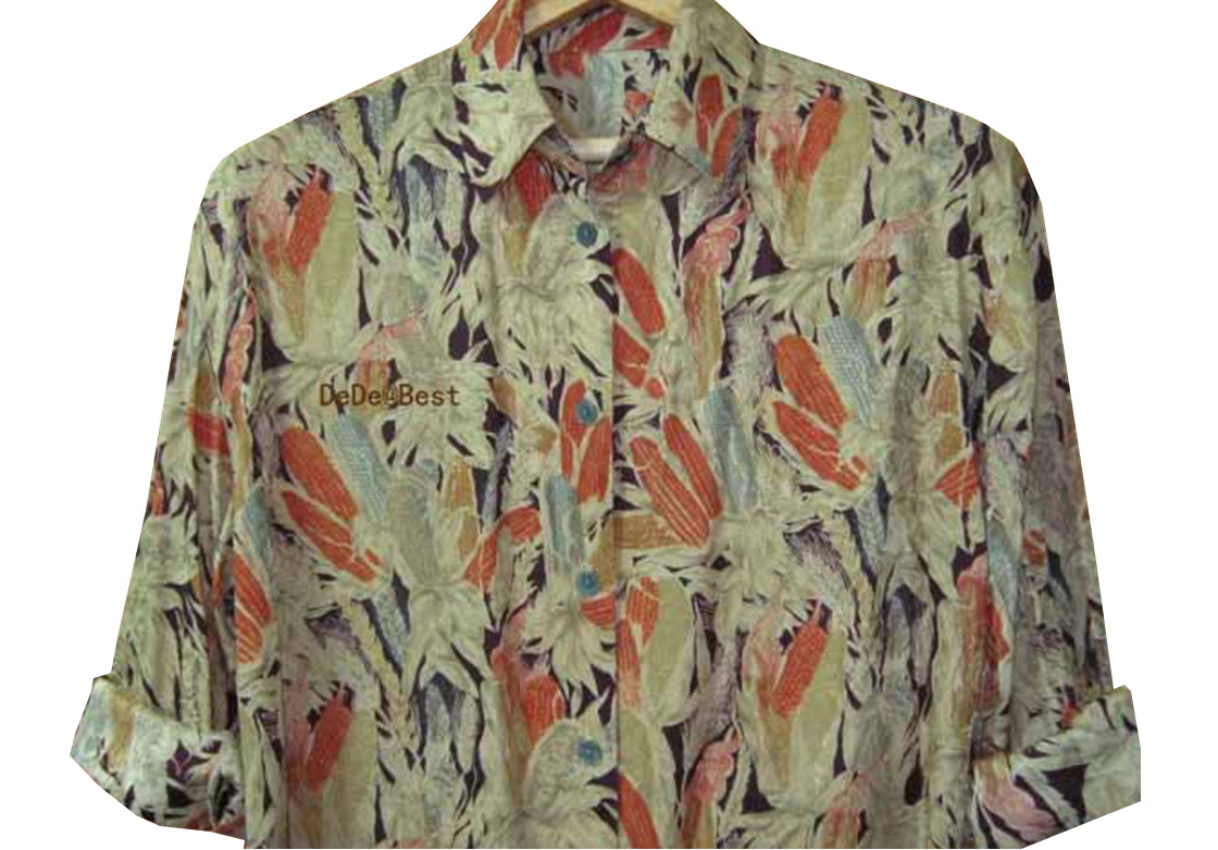 ขายแล้วค่ะ T34:Vintage top เสื้อเชิ้ตวินเทจผ้าไหม พิมพ์ลายข้าวโพดและทอลายดอกกุหลาบสวย❤