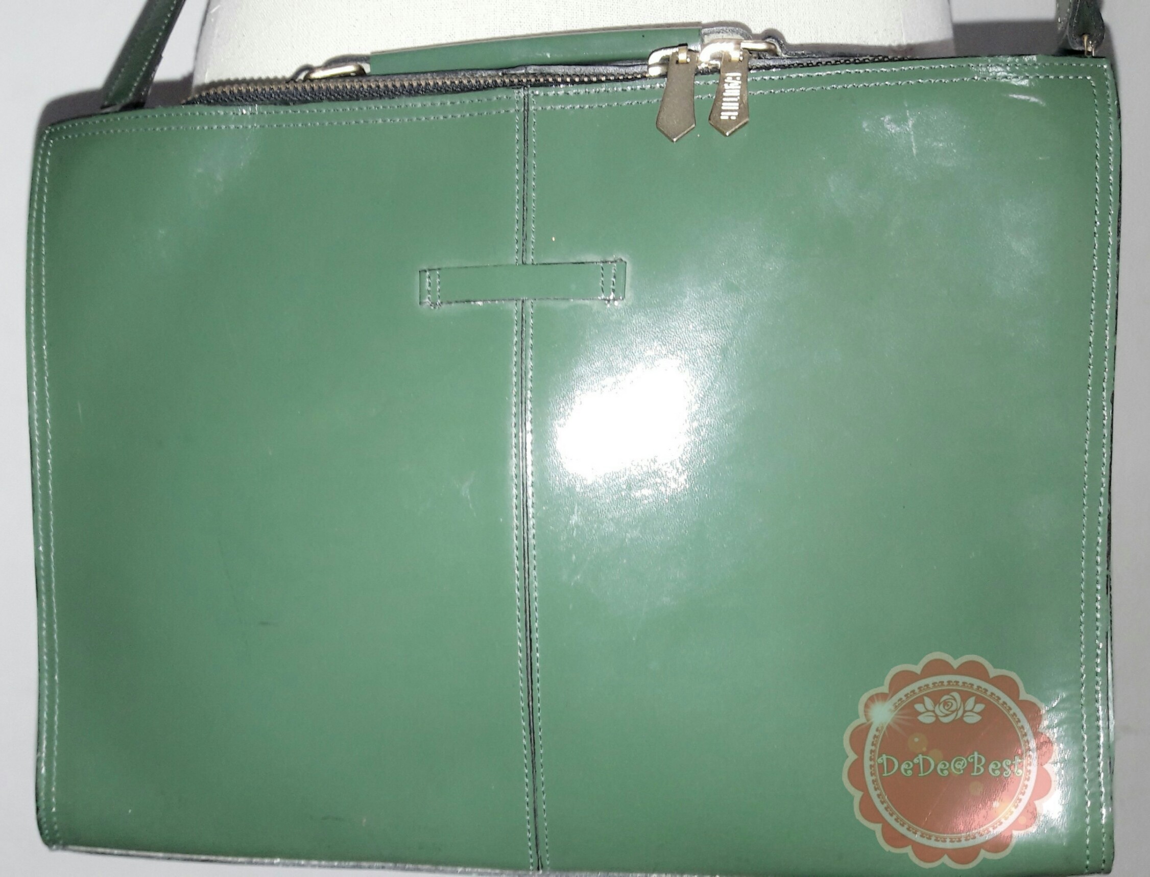 B44:Vintage leather bag กระเป๋าหนังแท้สีเขียวทรงสี่เหลี่ยม/ใส่เอกสาร/สะพาย/ถือ/ถอดสายได้