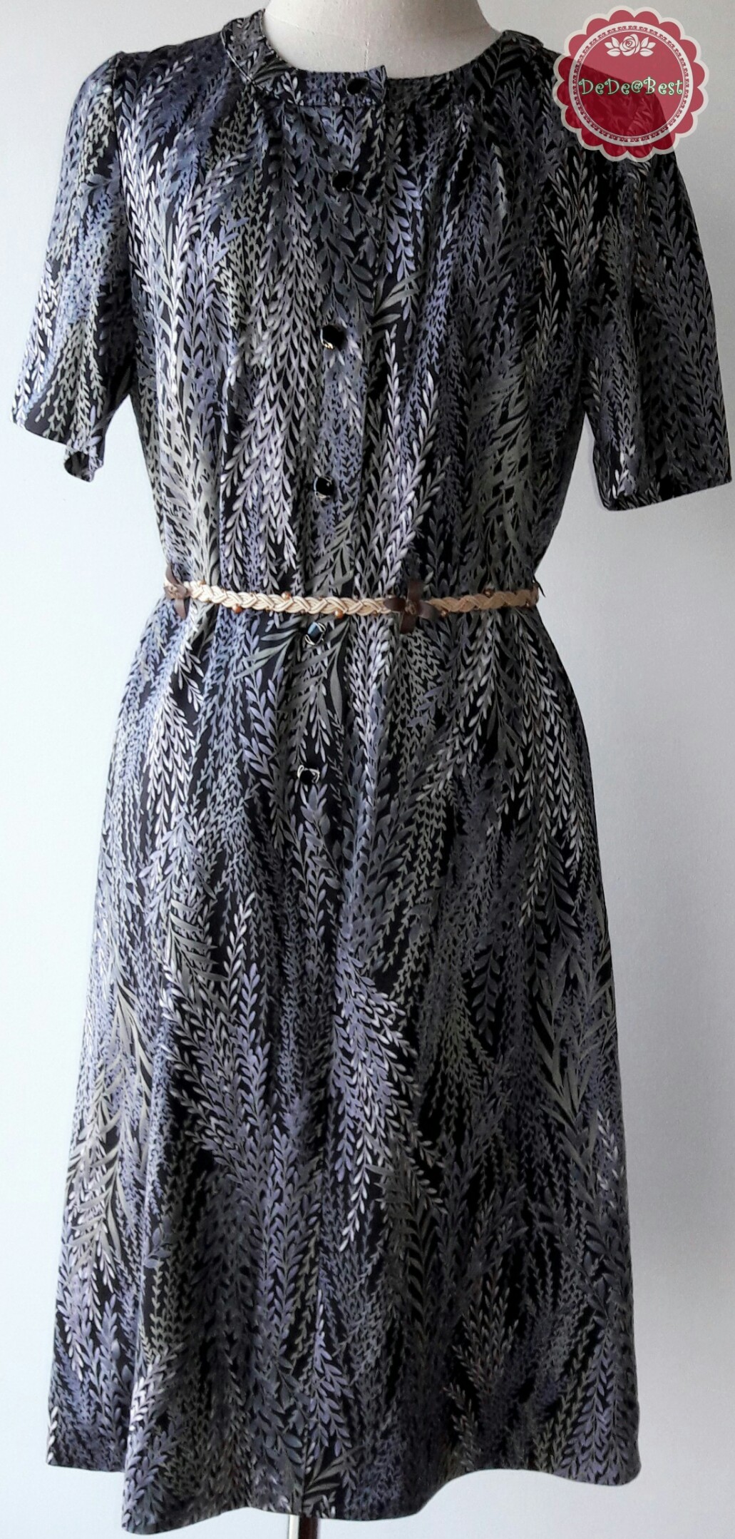 D42:Vintage dress เดรสวินเทจสีน้ำเงินลายรวงข้าวสีขาวมีมิติ