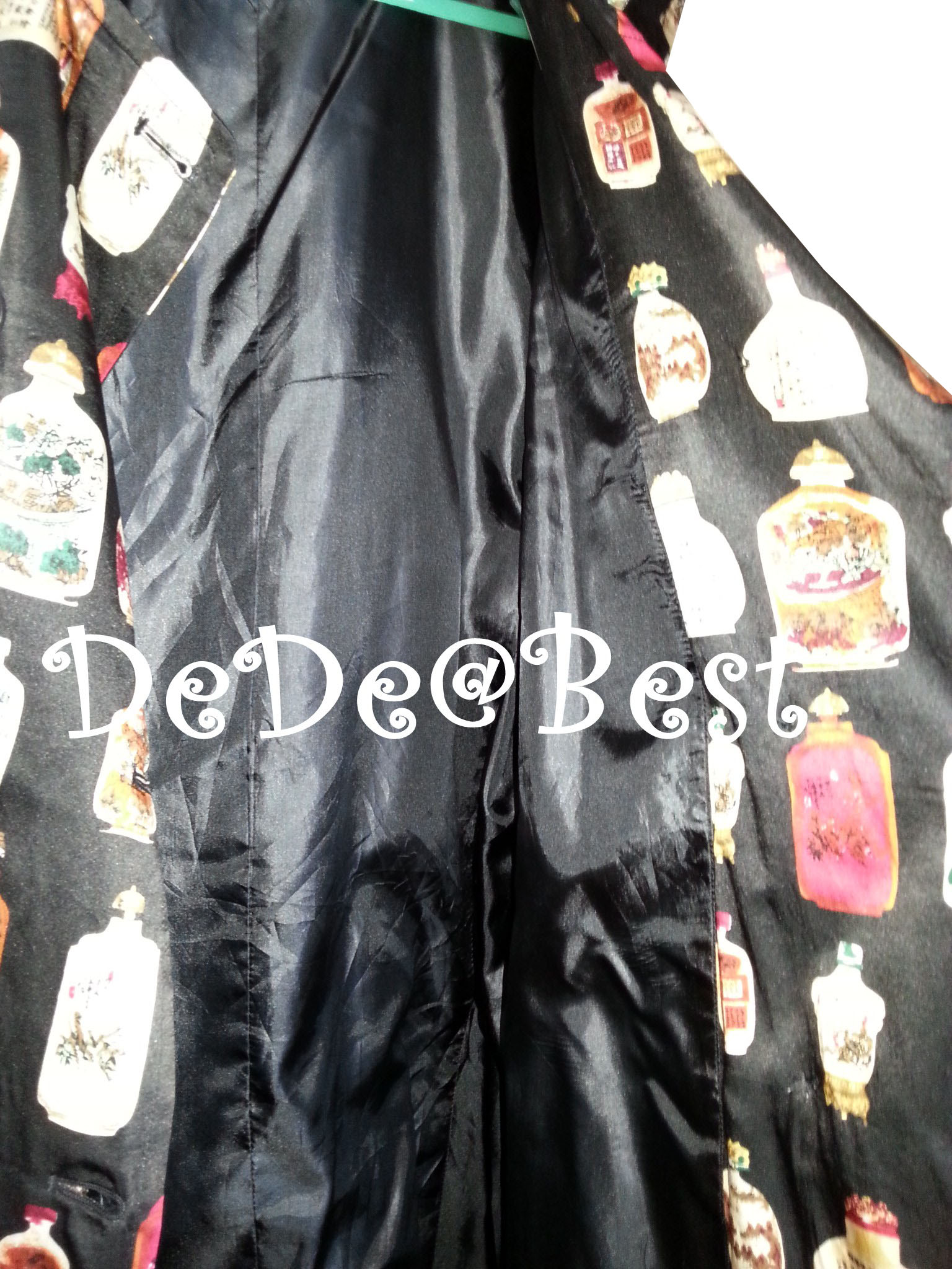 D52:Vintage dress เดรสวินเทจสีดำลายขวดจีนโบราณ(ซับในทั้งตัวและมีเข็มขัด)