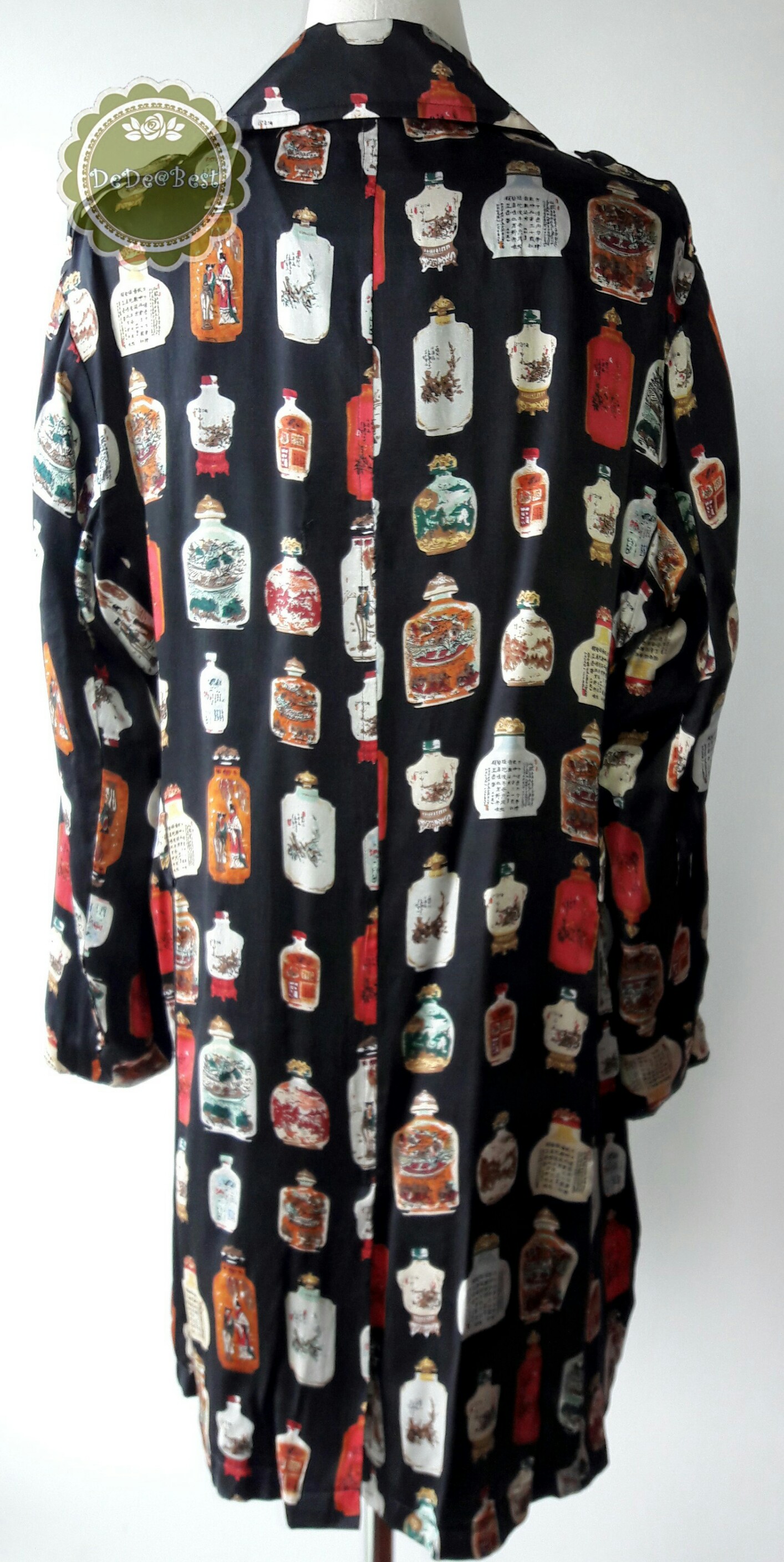 D52:Vintage dress เดรสวินเทจสีดำลายขวดจีนโบราณ(ซับในทั้งตัวและมีเข็มขัด)