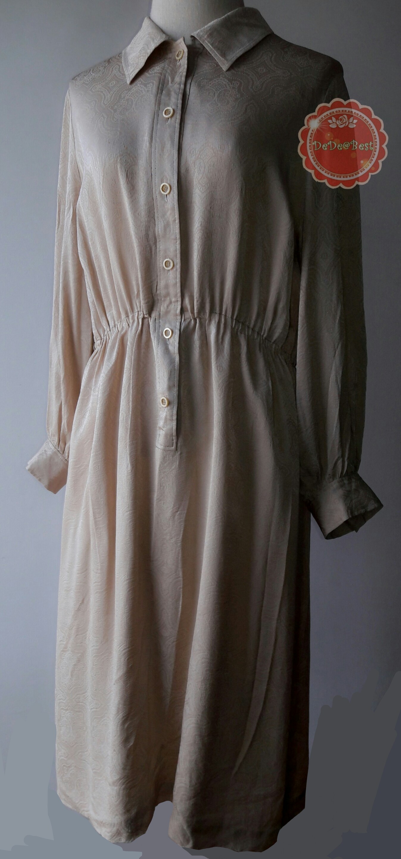 D23:Vintage dress เดรสวินเทจสีน้ำตาลทอง ทอลายวินเทจโบราณ