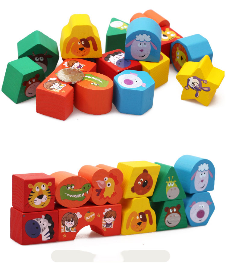 ของเล่นบล็อคไม้ กล่องสี่เหลี่ยม มีรูปสัตว์น่ารักหลากสีสัน