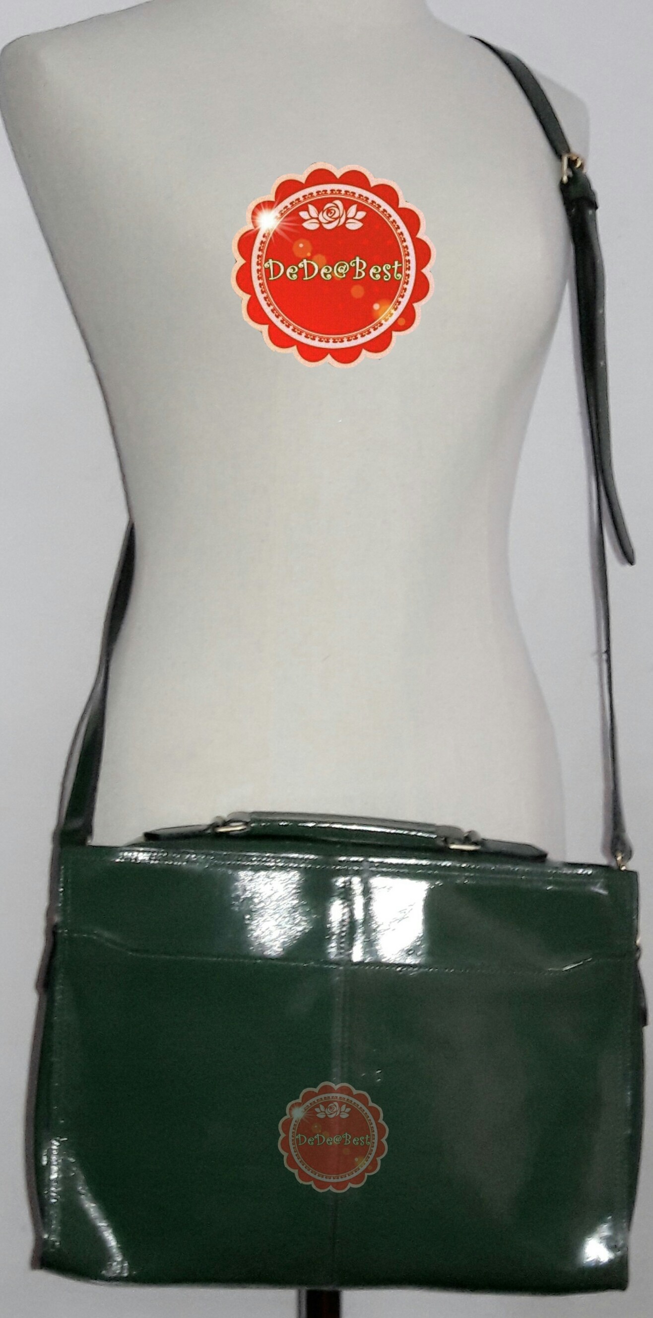 B44:Vintage leather bag กระเป๋าหนังแท้สีเขียวทรงสี่เหลี่ยม/ใส่เอกสาร/สะพาย/ถือ/ถอดสายได้