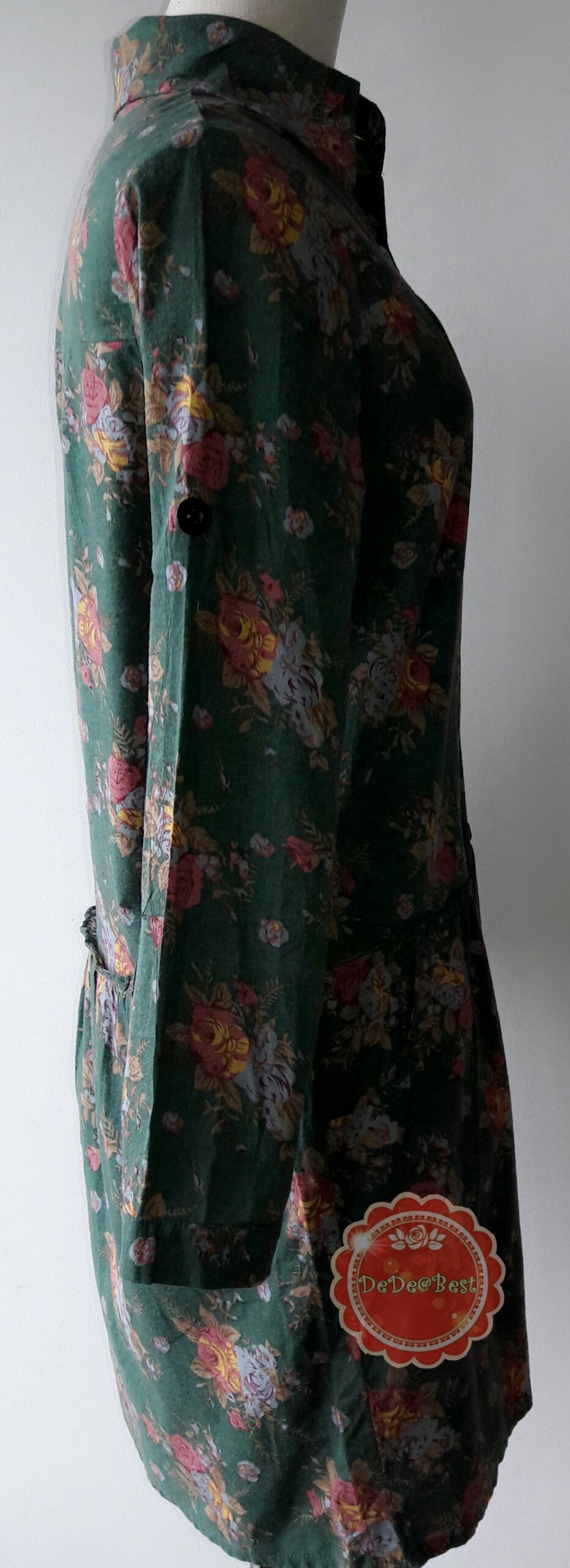 D17:2nd hand dress เดรสสีเขียวปกเชิ้ต ลายกุหลาบคลาสสิค มีกระเป๋าใต้เอวทั้ง 2ข้าง