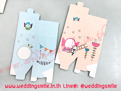 กล่องกระดาษใส่แก้วเป็ก ทรงบ้าน ชมพู-ฟ้า ลายการ์ตูน ขนาดเล็ก เริ่มต้นใบละ 5.-