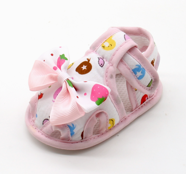 รองเท้าวัยหัดเดิน เมจิกเทป พื้นขาวขอบชมพู ลายการ์ตูน แต่งโบว์