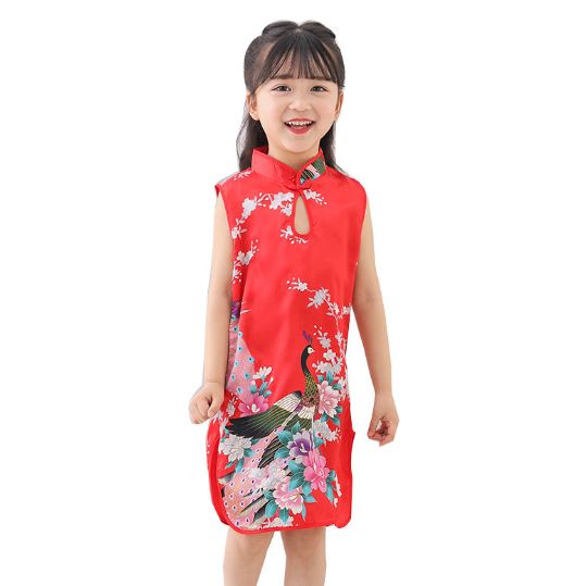 ชุดกี่เพ้าเด็กหญิงสีแดง พิมพ์ลายนกและดอกไม้สวยงาม Size 2-12