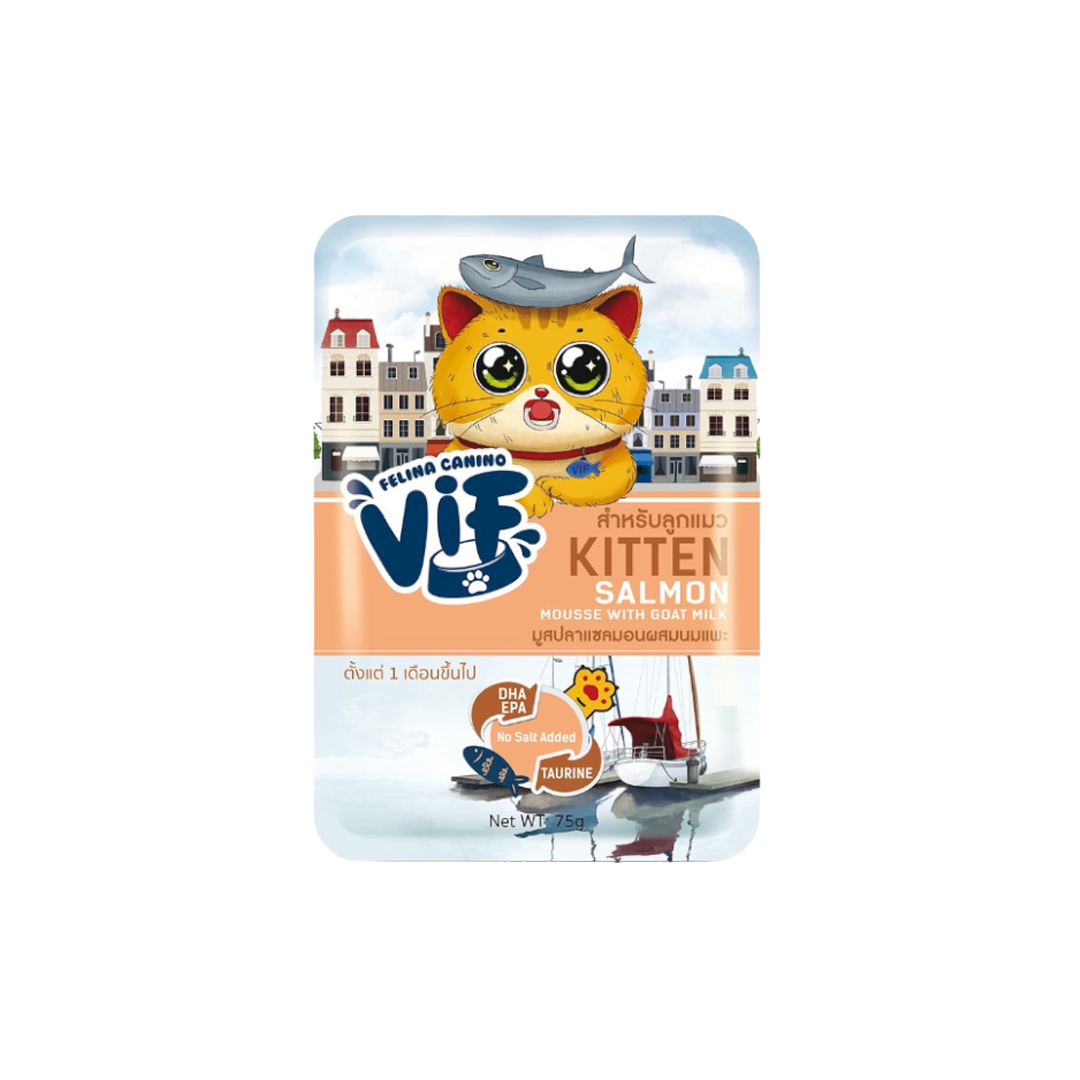 Vif อาหารเปียกแมว สูตรลูกแมว รสมูสปลาแซลมอนผสมนมแพะ 75g.