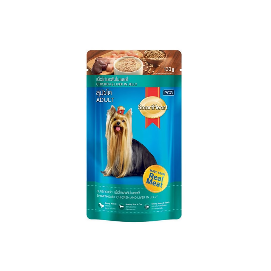 อาหารเปียกสุนัข smartHeart แบบซอง รสเนื้อไก่และตับในเยลลี่ 130g.