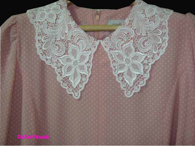 ขายแล้วค่ะ D32:Vintage dress เดรสวินเทจสีชมพูลายจุดขาว ปกลูกไม้สวยหวาน❤