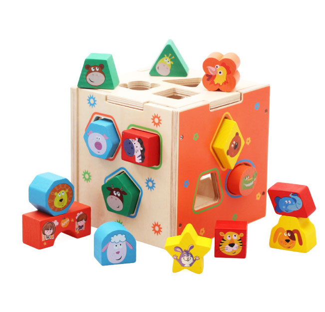 ของเล่นบล็อคไม้ กล่องสี่เหลี่ยม มีรูปสัตว์น่ารักหลากสีสัน