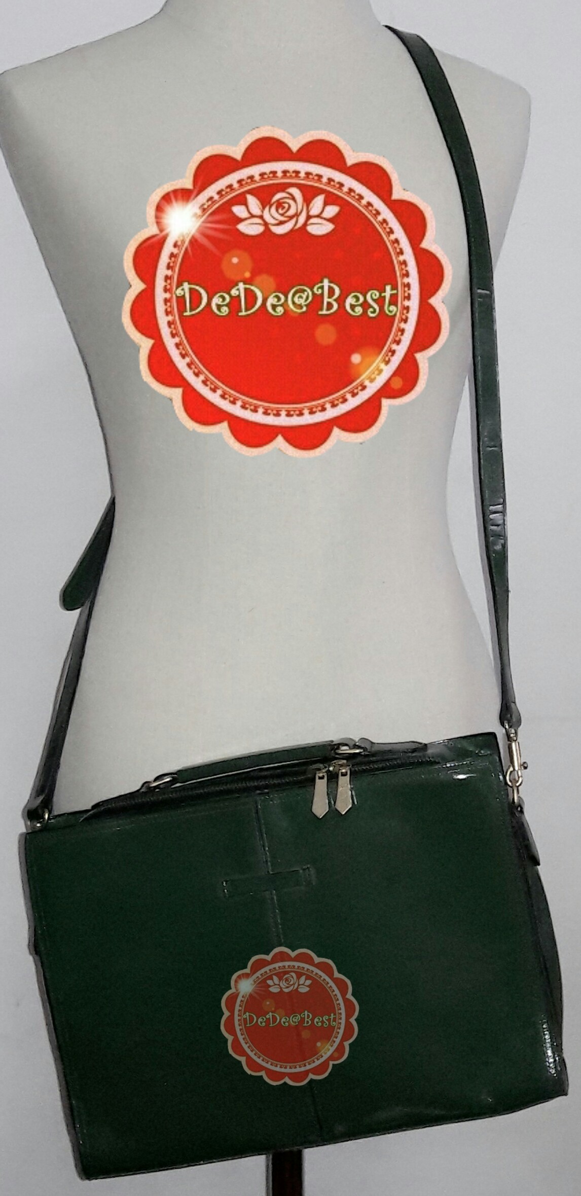 B44:Vintage leather bag กระเป๋าหนังแท้สีเขียวทรงสี่เหลี่ยม/ใส่เอกสาร/สะพาย/ถือ/ถอดสายได้