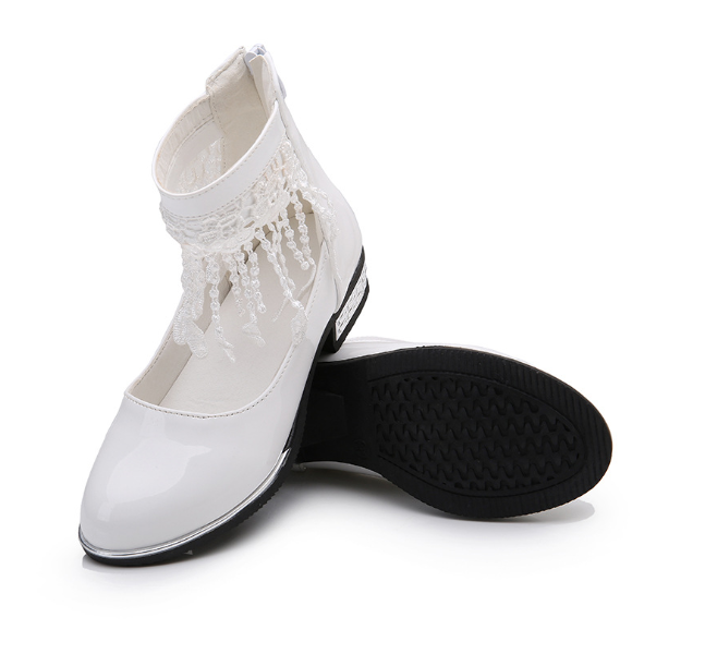 รองเท้าคัชชูเด็กหญิงสีขาว ตกแต่งลูกไม้รัดข้อเท้า หรูหรา