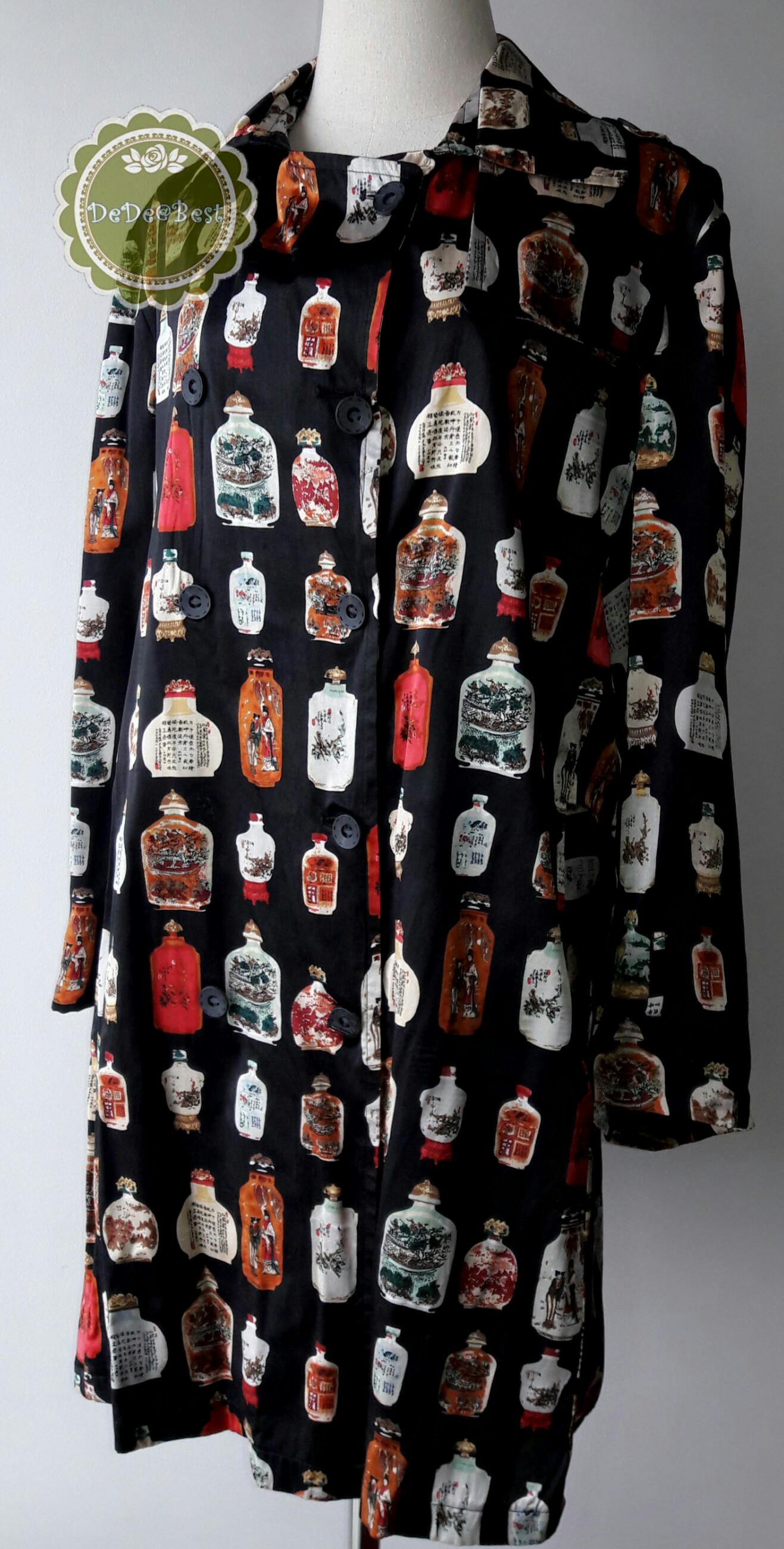 D52:Vintage dress เดรสวินเทจสีดำลายขวดจีนโบราณ(ซับในทั้งตัวและมีเข็มขัด)