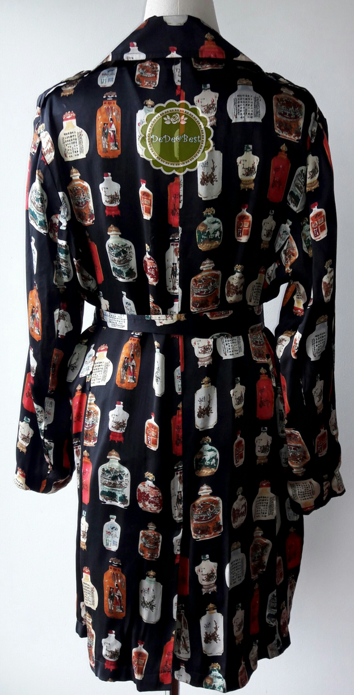 D52:Vintage dress เดรสวินเทจสีดำลายขวดจีนโบราณ(ซับในทั้งตัวและมีเข็มขัด)