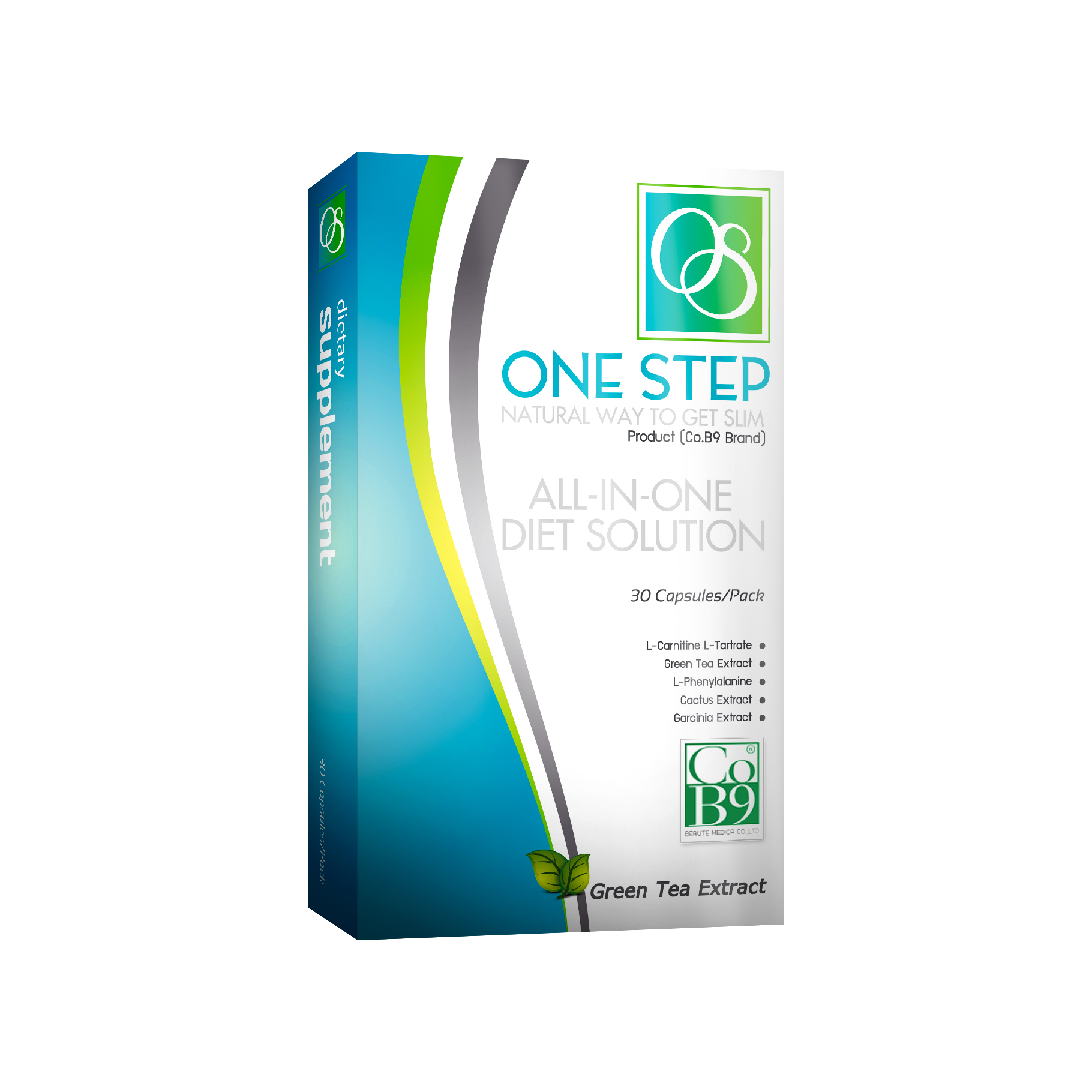 โคบีไนน์วันสเต็บ (Co B9 One Step) ผลิตภัณฑ์เสริมอาหารลดน้ำหนัก สามารถยับยั้งแป้งได้มากกว่าสูตรเดิม เพิ่มการดีท๊อกซ์ แต่ไม่เน้นขับถ่ายออกมาเป็นไขมัน สำหรับคนที่ลดความอ้วนยาก กินจุ กินเยอะ มึ 30 แคปซูล