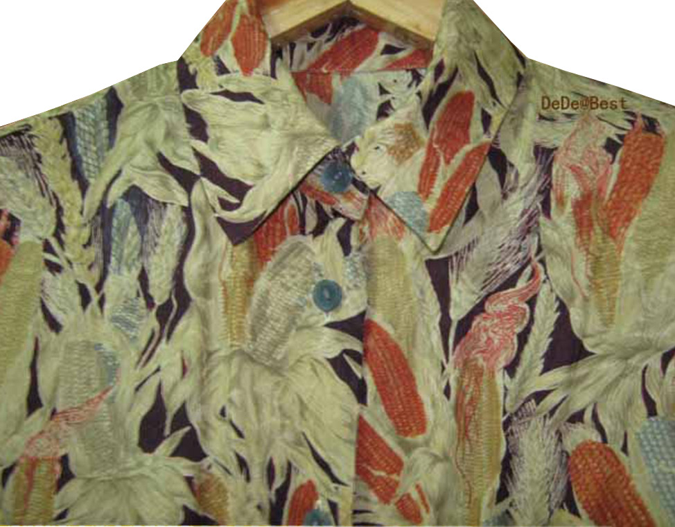 ขายแล้วค่ะ T34:Vintage top เสื้อเชิ้ตวินเทจผ้าไหม พิมพ์ลายข้าวโพดและทอลายดอกกุหลาบสวย❤