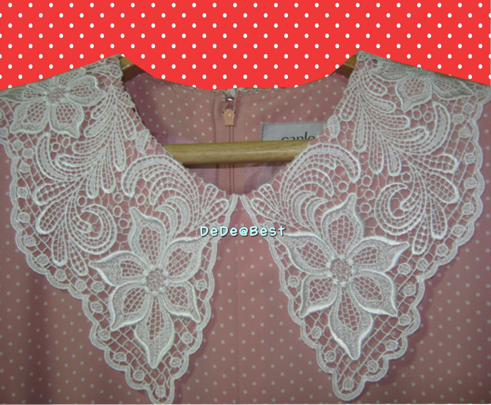 ขายแล้วค่ะ D32:Vintage dress เดรสวินเทจสีชมพูลายจุดขาว ปกลูกไม้สวยหวาน❤