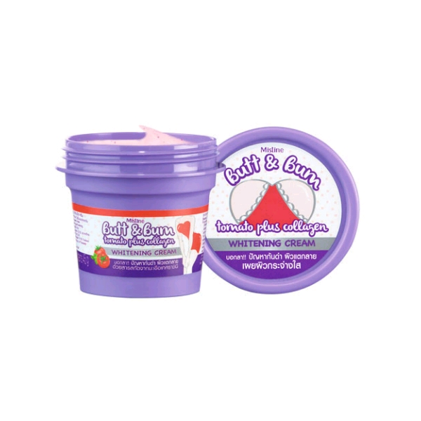 Mistine Butt & Bum Tomato plus Collagen Whitening Cream มิสทีน บัท แอนด์ บั้ม โทเมโท พลัส คอลลาเจน ไวท์เทนนิ่ง ครีม ขนาด 45 กรัม ครีมลดเลือนความหมองคล้ำบริเวณขาหนีบ รอยแตกลาย และก้น สารสกัดจากมะเขือเทศราชินี มีสารต้านอนุมูลอิสระ ช่วยให้ผิวแลดูกระจ่างใส