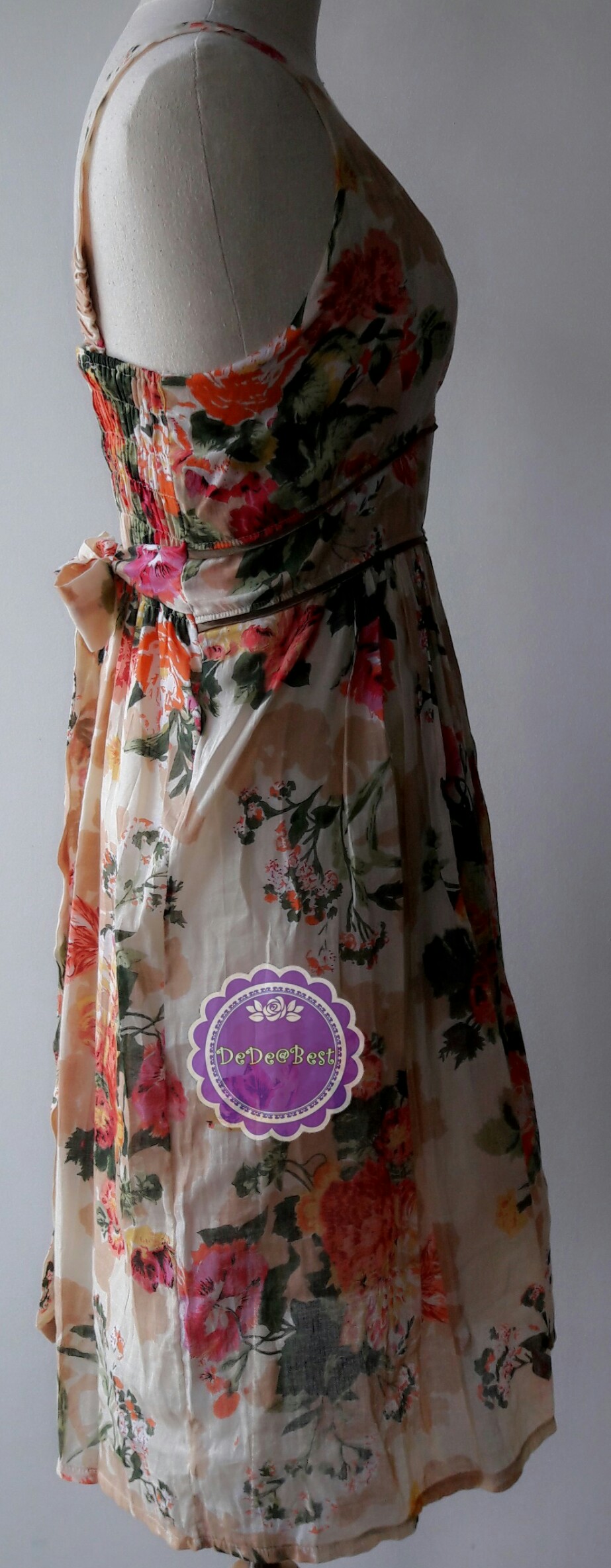 D58:2nd hand dress เดรส ลายดอกไม้ ผูกโบว์ด้านหลัง