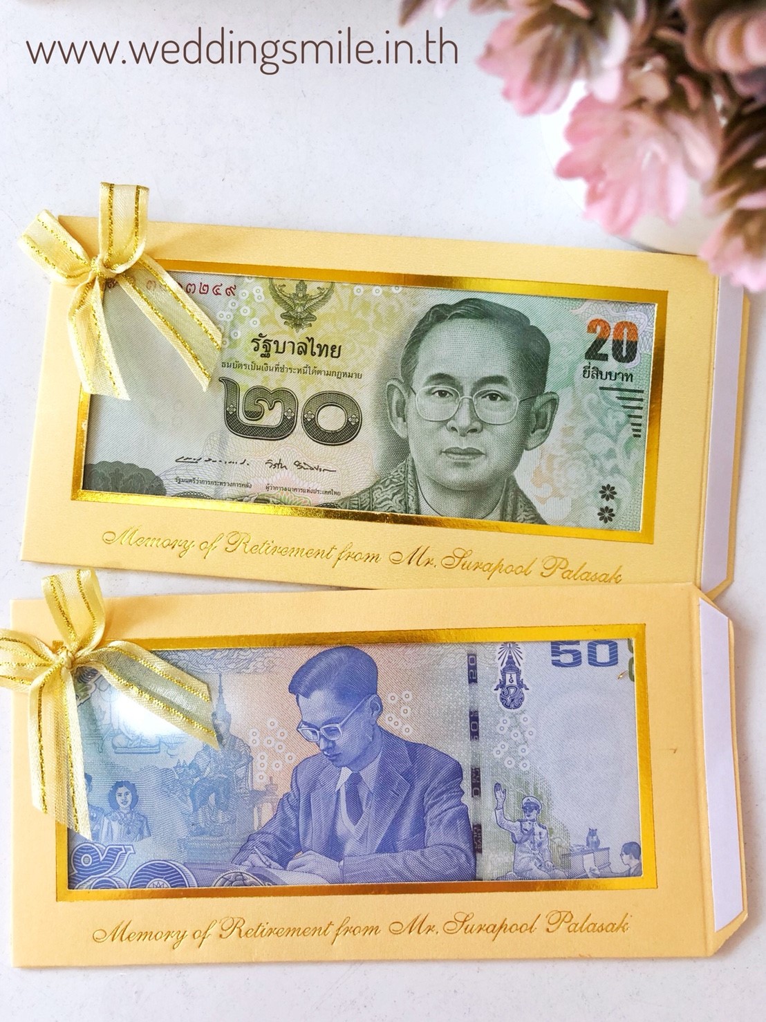 ของชำร่วยงานแต่ง ซองใส่ธนบัตร โชว์ธนบัตรหน้า-หลัง พร้อมพิมพ์ข้อความ ใบละ 20.-/ติดโบว์ 21.- / คาดริบบิ้นรอบซอง 22.-