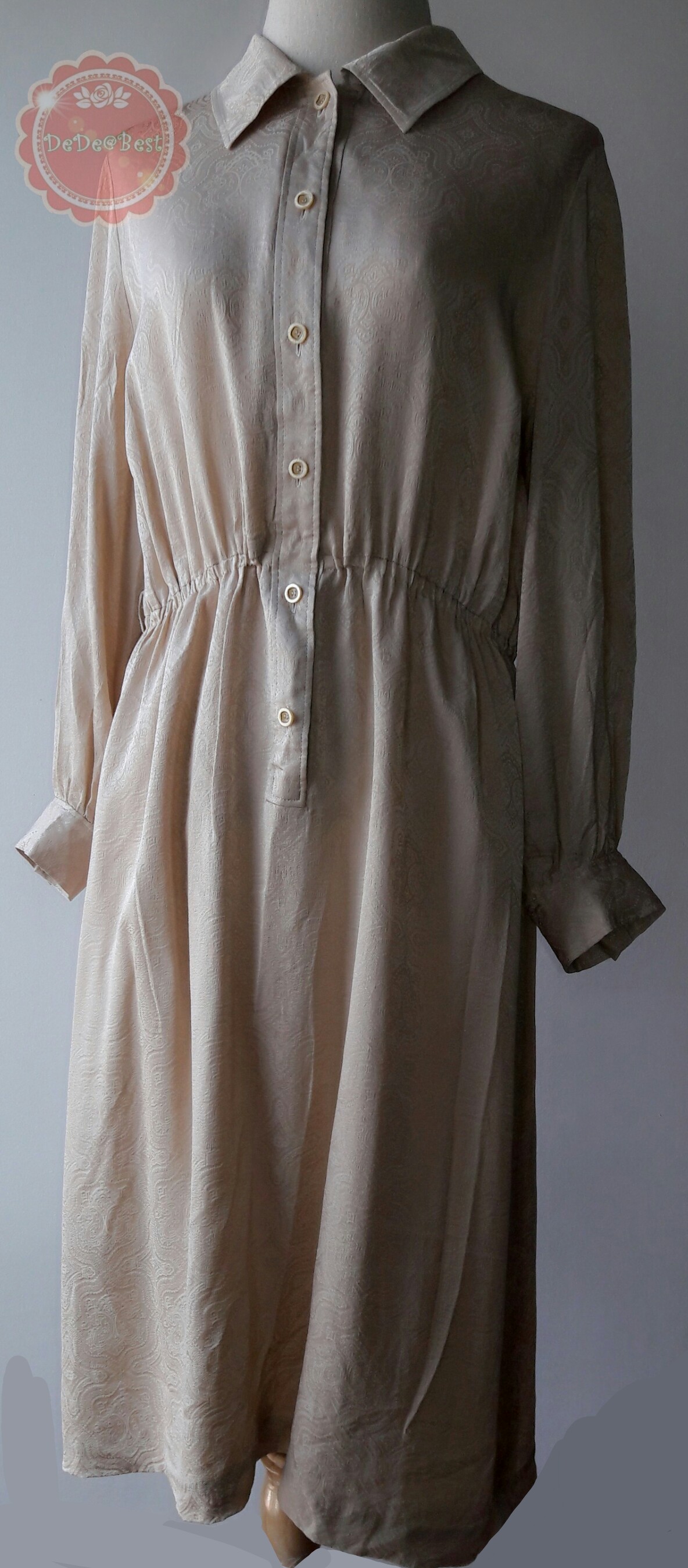 D23:Vintage dress เดรสวินเทจสีน้ำตาลทอง ทอลายวินเทจโบราณ