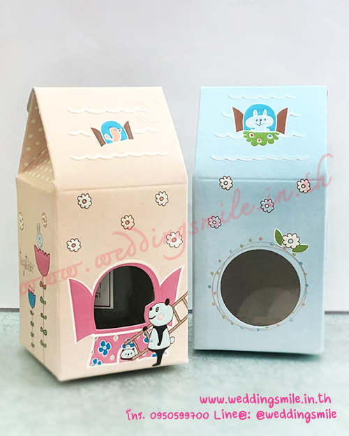 กล่องกระดาษใส่แก้วเป็ก ทรงบ้าน ชมพู-ฟ้า ลายการ์ตูน ขนาดเล็ก เริ่มต้นใบละ 5.-