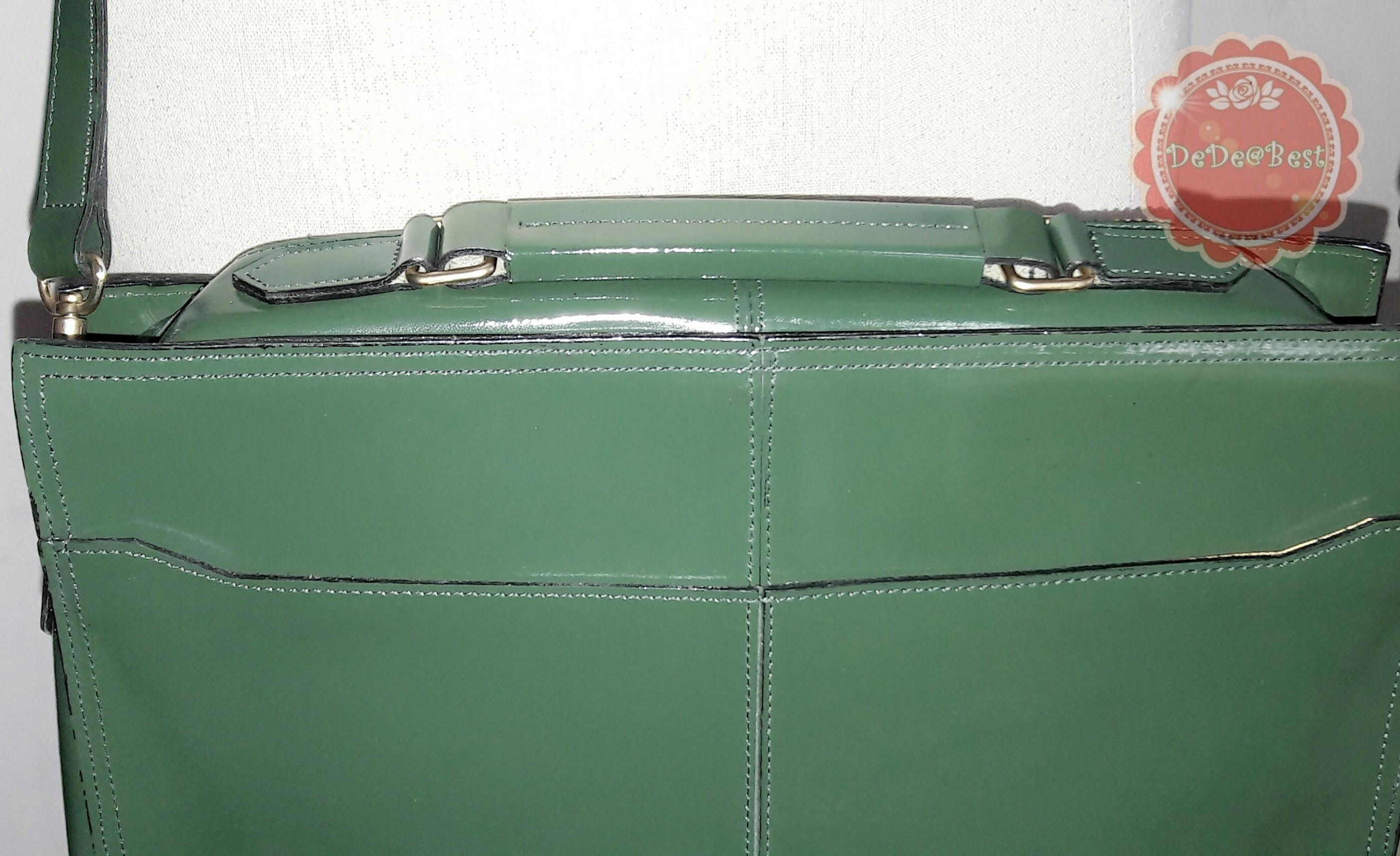 B44:Vintage leather bag กระเป๋าหนังแท้สีเขียวทรงสี่เหลี่ยม/ใส่เอกสาร/สะพาย/ถือ/ถอดสายได้