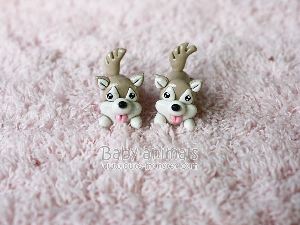 ต่างหูดินปั้น Baby siberian husky (brown)