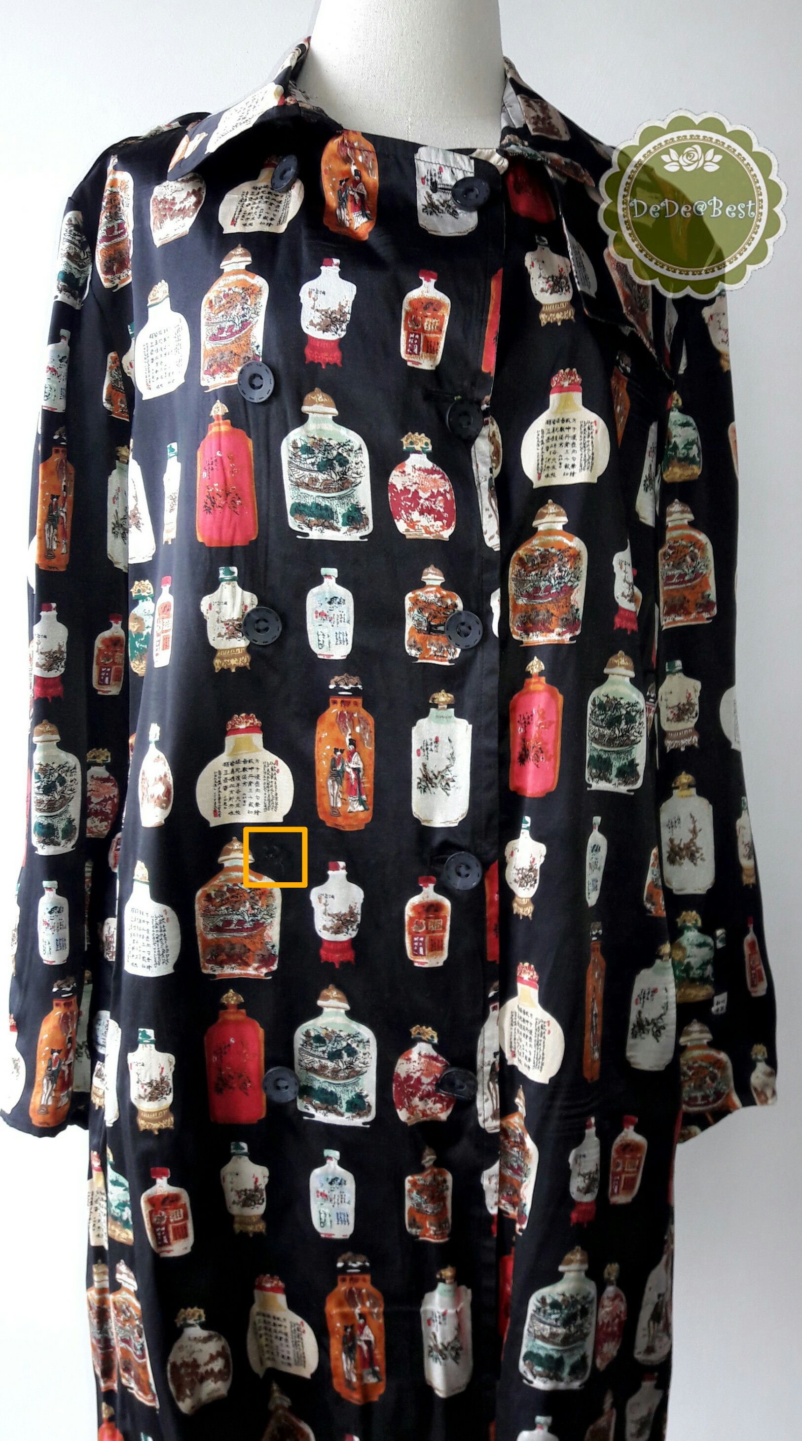 D52:Vintage dress เดรสวินเทจสีดำลายขวดจีนโบราณ(ซับในทั้งตัวและมีเข็มขัด)
