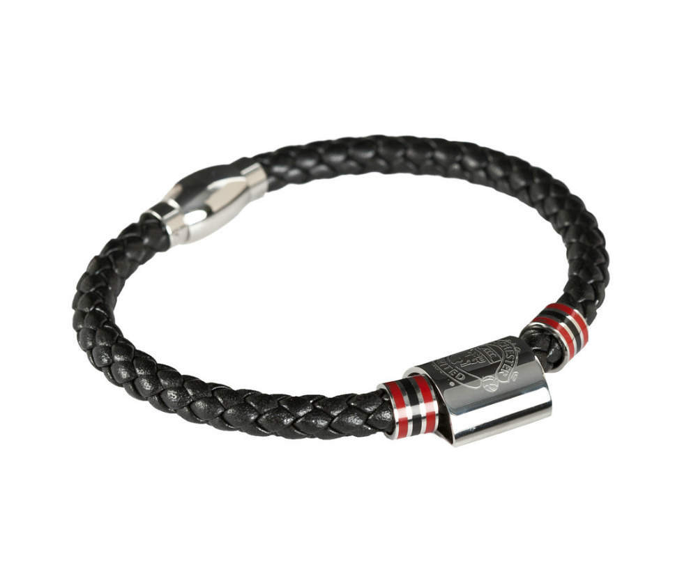 สร้อยข้อมือที่ระลึกแมนเชสเตอร์ ยูไนเต็ดของแท้ Manchester United Black Leather Crest Bracelet - Stainless Steel
