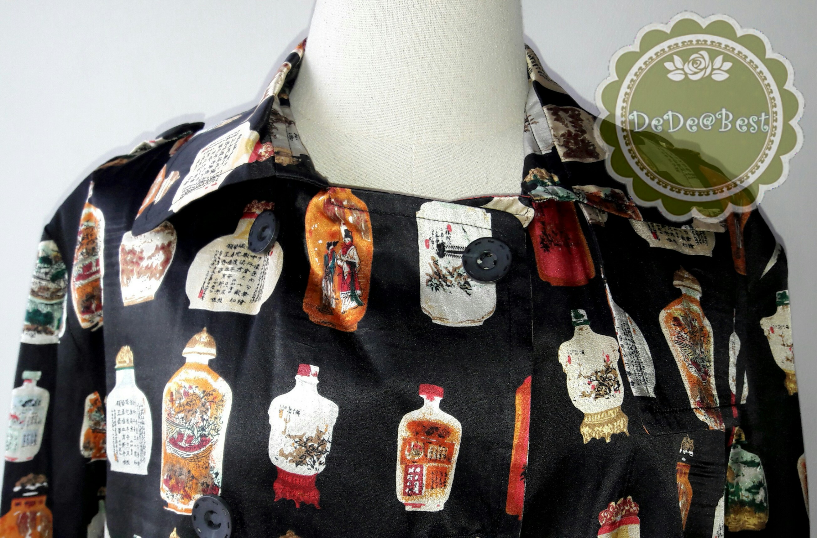 D52:Vintage dress เดรสวินเทจสีดำลายขวดจีนโบราณ(ซับในทั้งตัวและมีเข็มขัด)