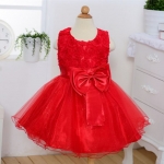 ชุดกระโปรงเด็กสีแดง เดรสราตรีเด็กหญิง ประดับดอกไม้ แขนกุด