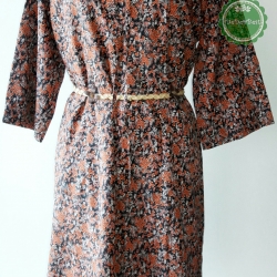 D63:Vintage dress เดรสวินเทจลายดอกไม้สีดำ-สีส้ม คอผูกโบว์ได้