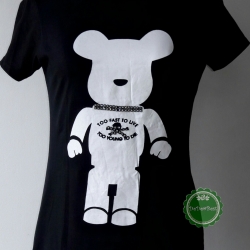 T112:2nd hand top เสื้อยืดสีดำสกรีนลายหมีสีขาวติดเพชร