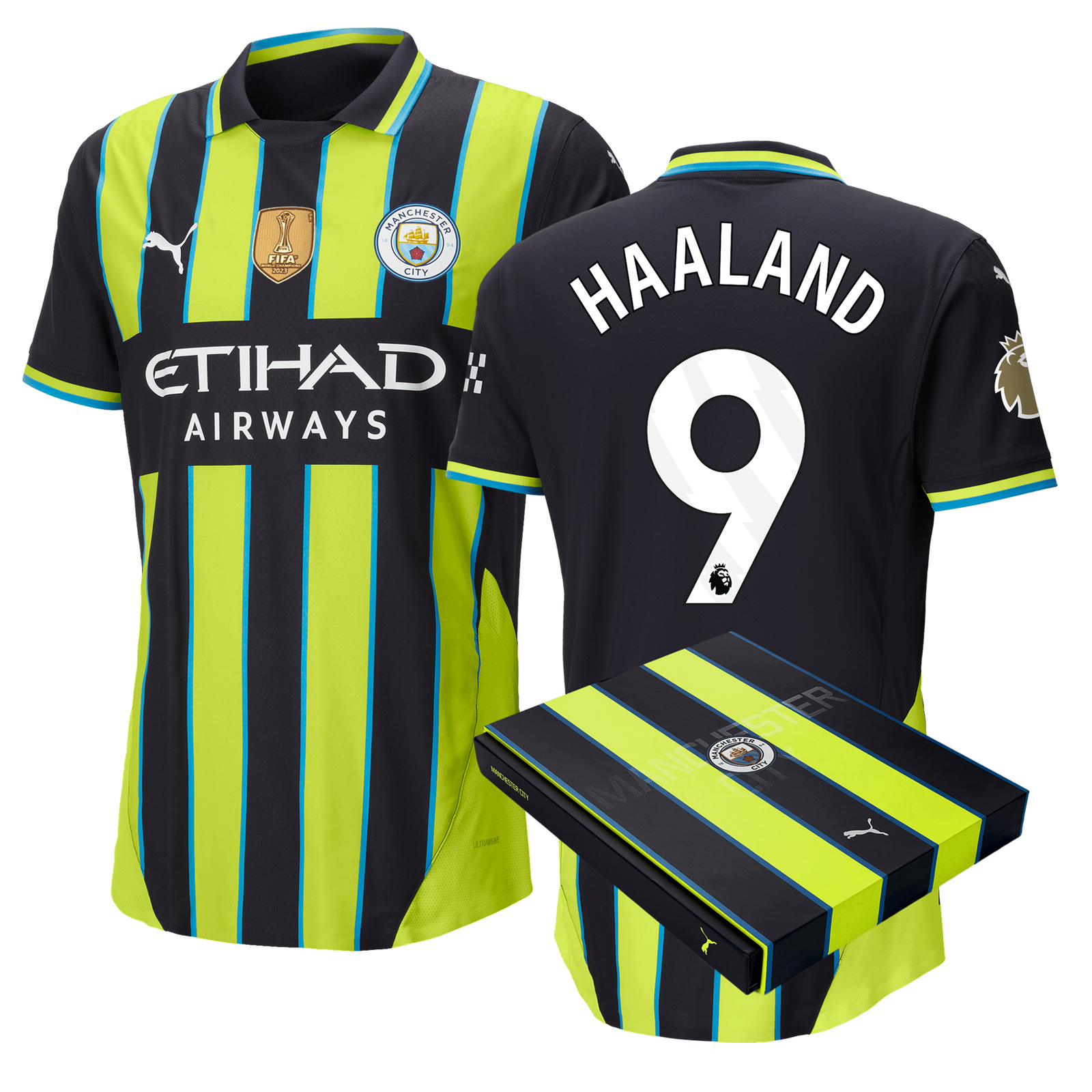 เสื้อแมนเชสเตอร์ ซิตี้ 2024 2025 ทีมเยือนเวอร์ชั่นนักเตะ HAALAND 9+อาร์มทองพรีเมียร์+อาร์ม World Champions ในกล่องของขวัญของแท้